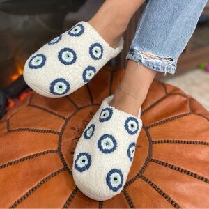 Cozy White and Blue Evil Eye Patterned Slippers